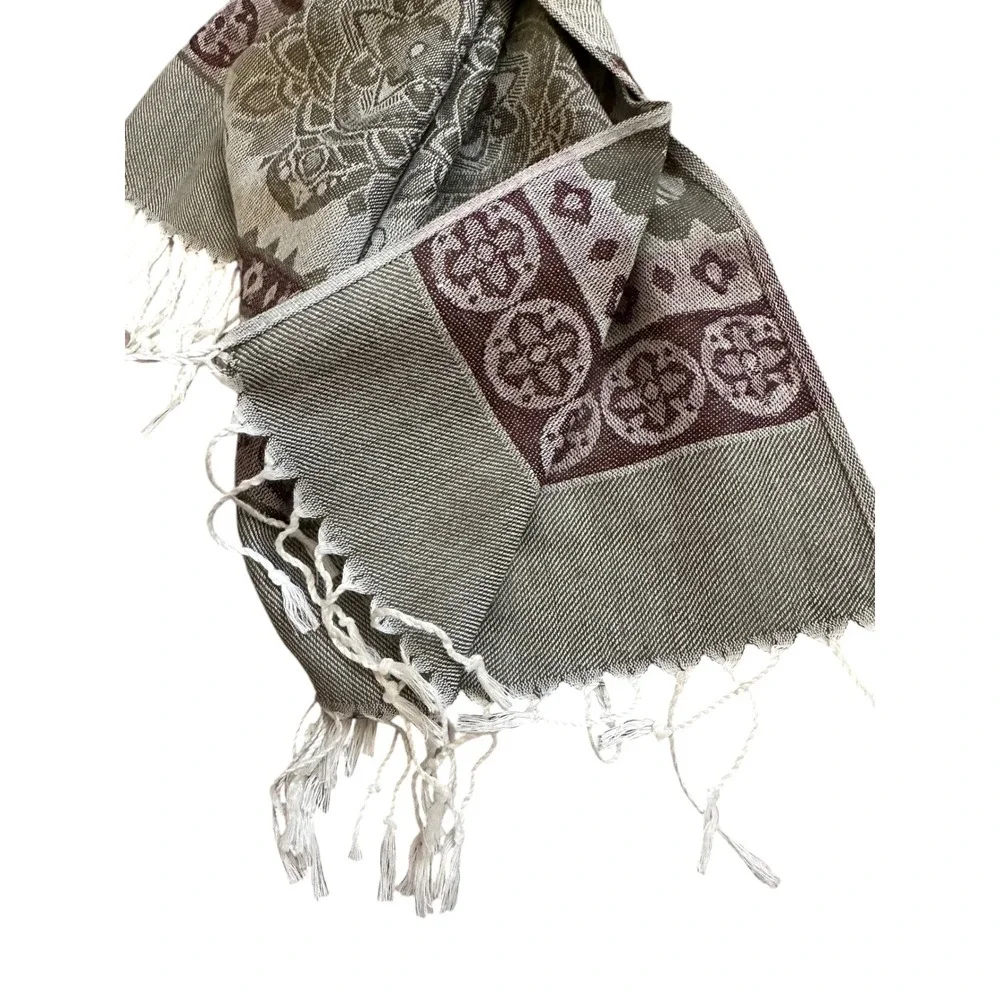Whimsygoth Boho Pashmina Paisley Shawl Olive Brown Oversized Fringe Scarf 72